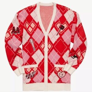 Harley Quinn Diamond Cardigan Sweater Batman DC Comics Pink Red White BoxLunch S